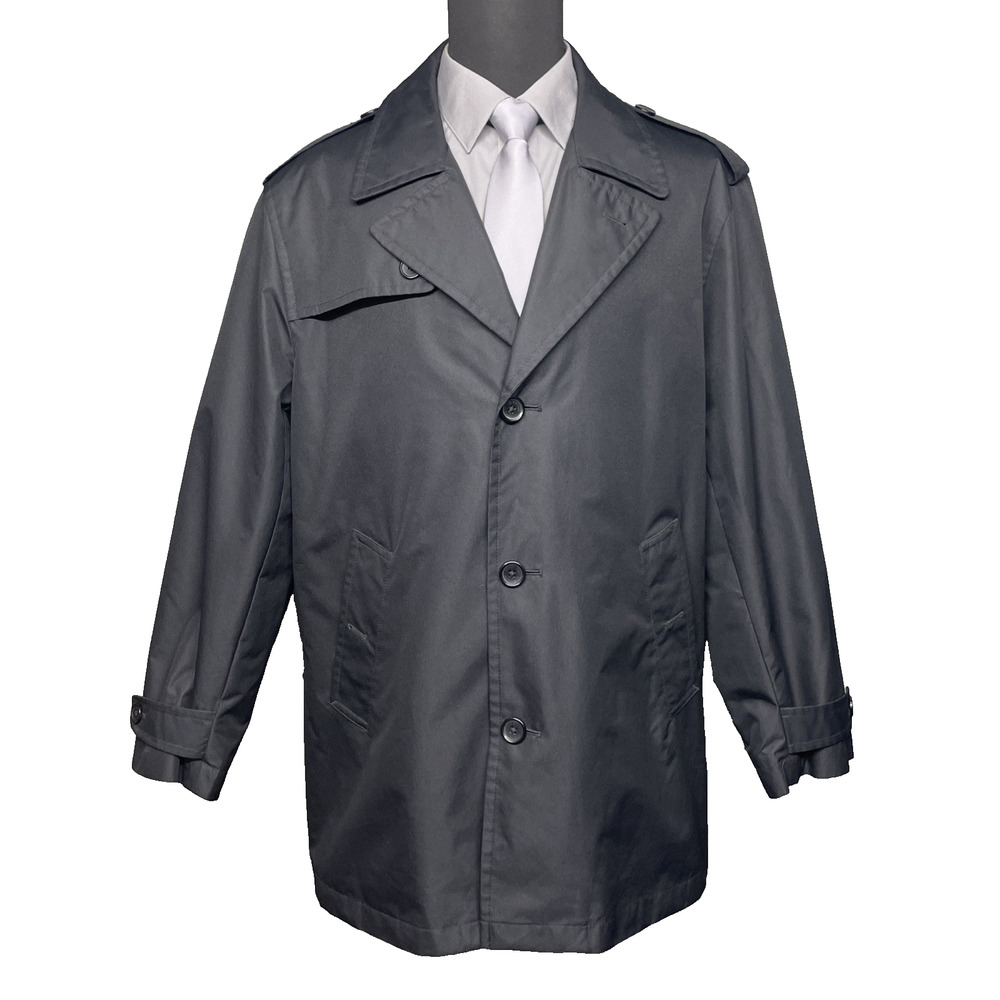 London Fog Men's Trench Coat Large Black‎ Mid-Length Rain Jacket Modern Classic